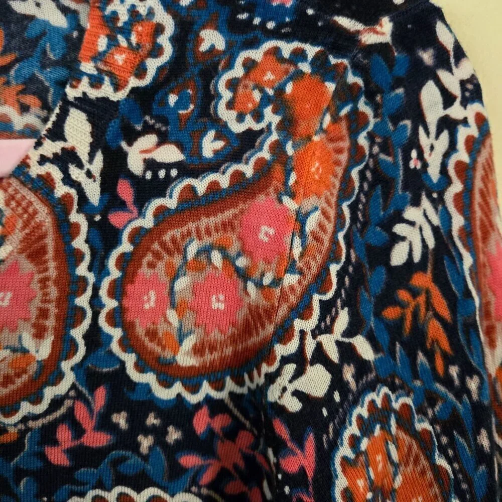 Talbots Merino Wool Blue Pink Paisley Classic Cardigan Sweater Size L